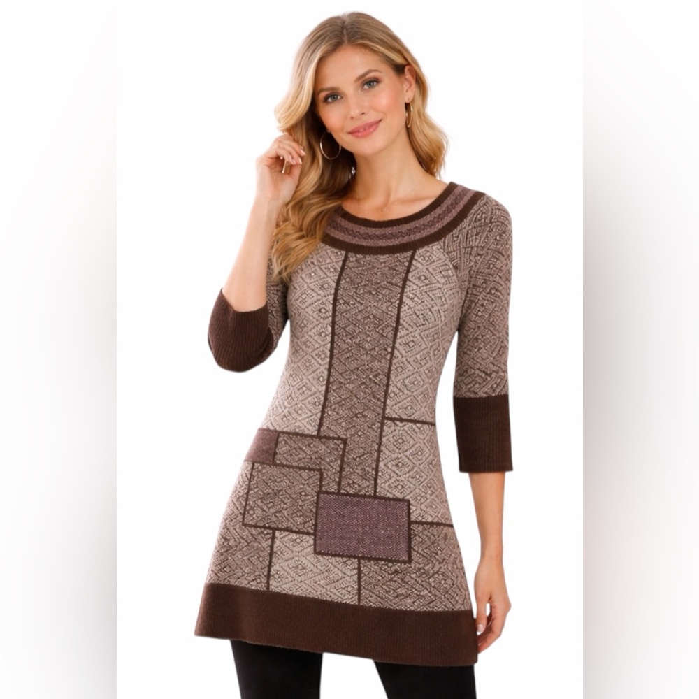 Free People – Patchwork Knit Sweater Tunic – Geometric – Brown Multi – Sz. L